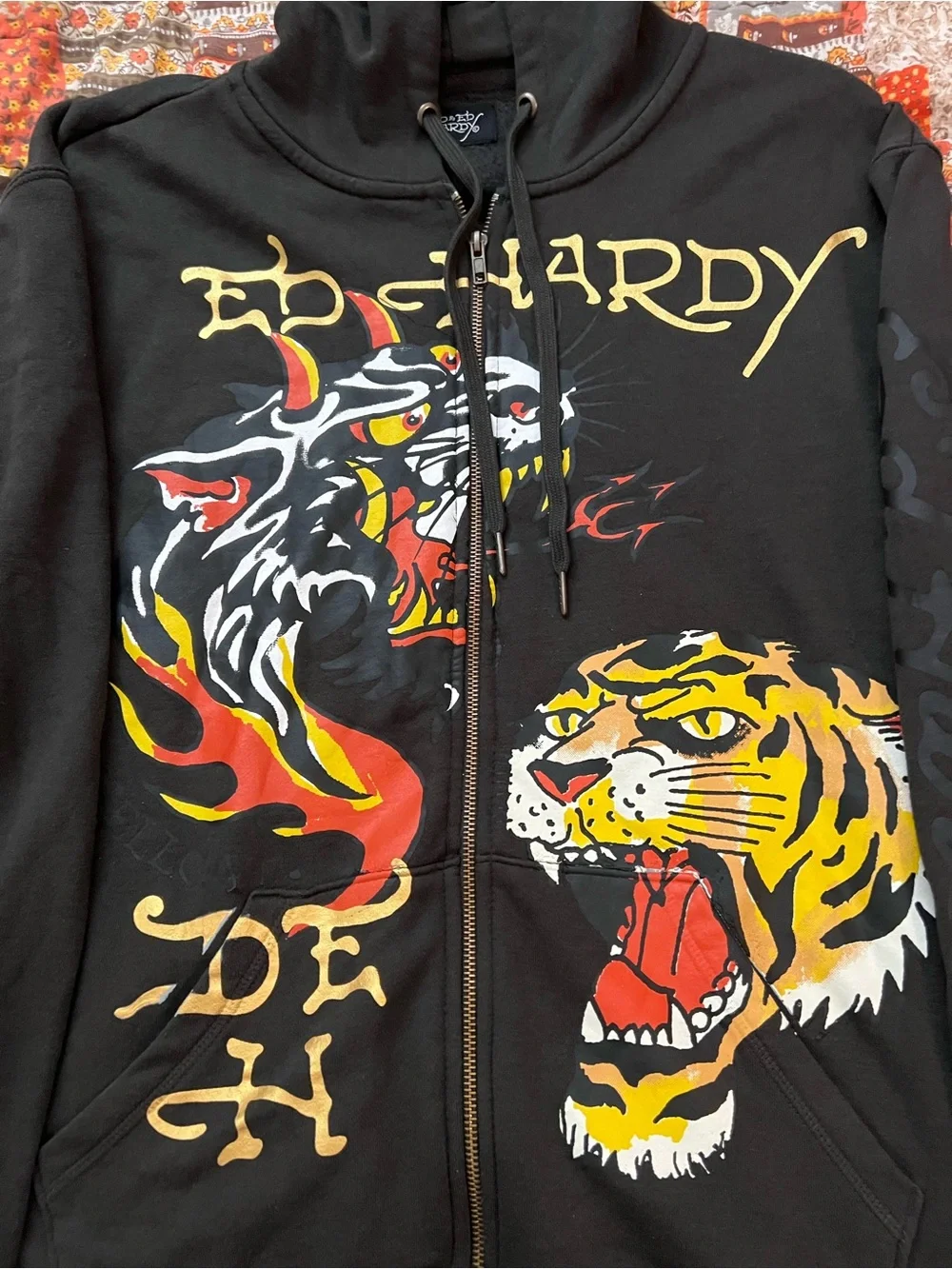 Ed Hardy Zip-Up Hoodie with Tiger & Flame Graphics